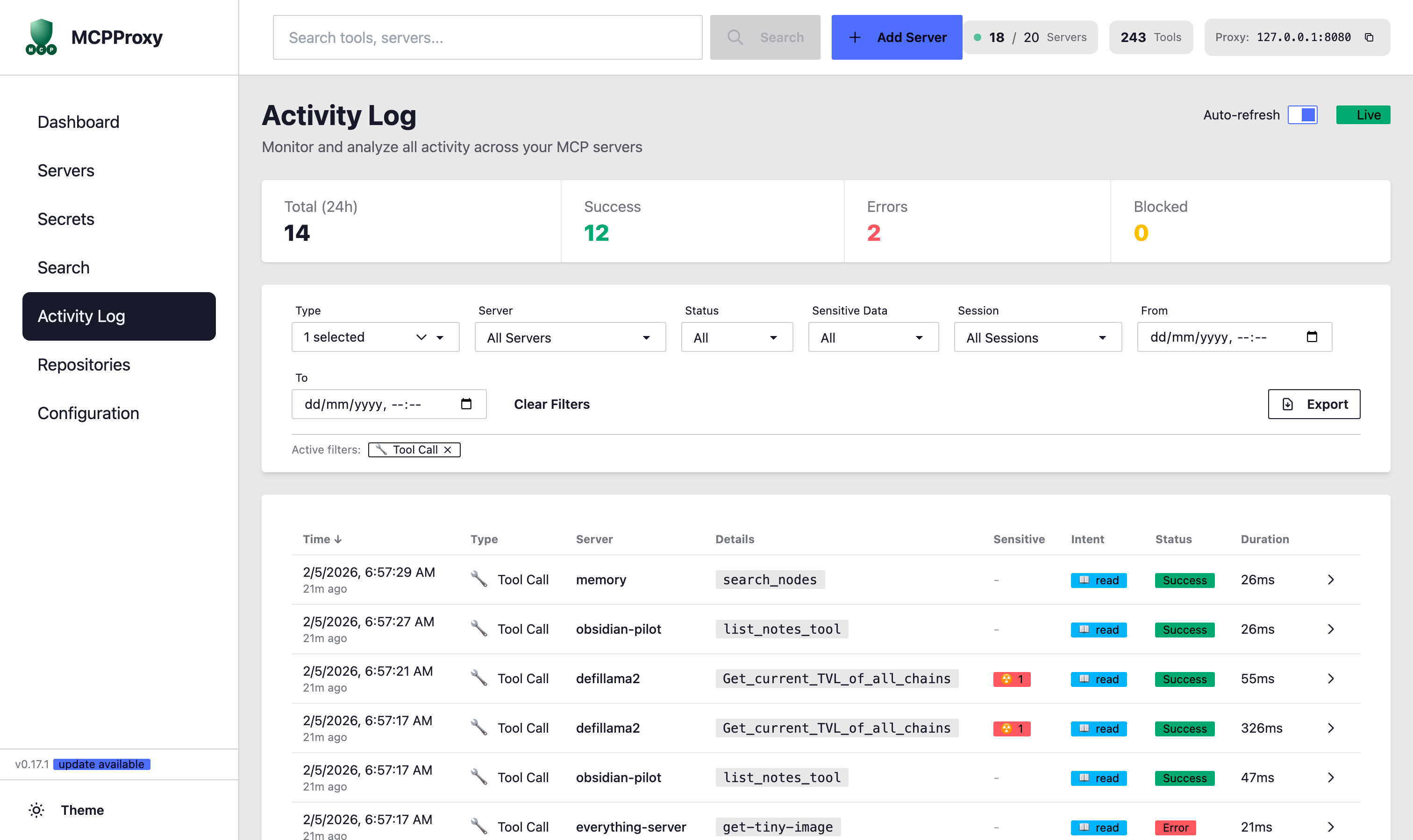 Activity Log - Tool Call Filter